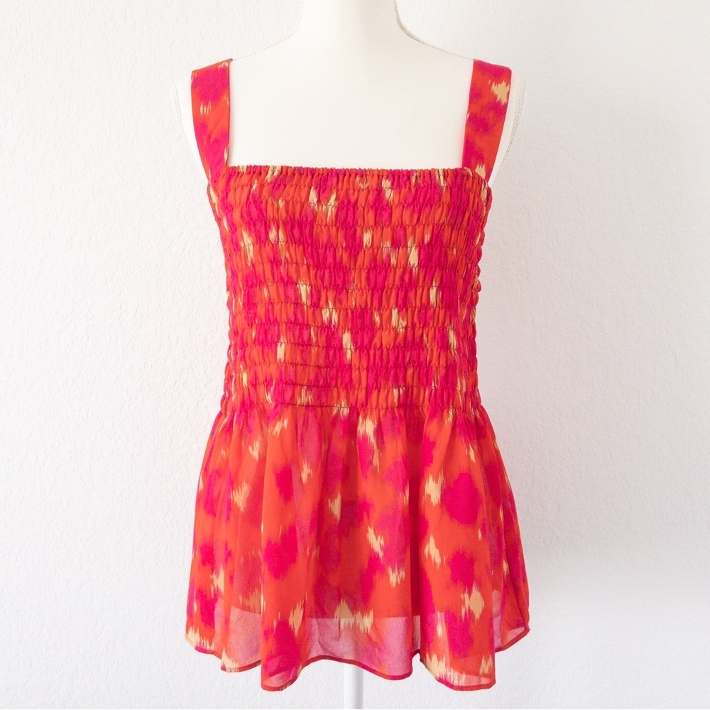 Rose + Olive Orange Pink Smocked Sleeveless Peplum‎ Tank Top Medium